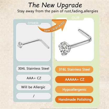 davka 20G L Shape Nose Studs 6PCS, 7mm Bar 3mm CZ Stainless Steel Nose Rings for Nostril Piercing, Small Snug Fit Nose Stud Jewelry for Daily Wear Work Sleep Women Men - color: 20G Silver L-Shape Studs