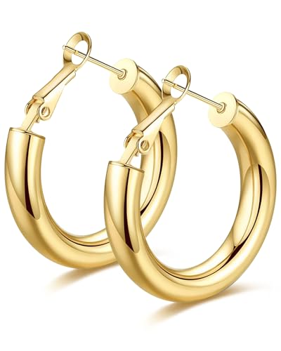 wowshow Gold Hoop Earrings for Women Chunky Hoops 14K Gold Plated Thick Hollow Tube Lightweight Earrings for Mother Birthday Gifts 20/25/30/40/50MM - color: Gold-30MM