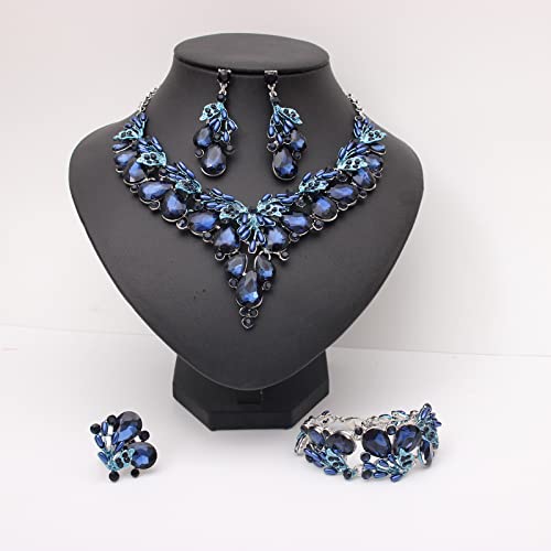 Jewelry Set for Women, Statement Necklace Dangle Earrings Bracelet Ring, White/KC Gold Plated Jewelry Set with Rhinestone Pearl Crystal Wedding Party Jewelry for Bridal Bridesmaid - color: Deep Blue-Platinum Plated