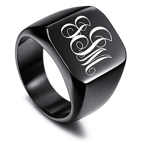 VIBOOS Custom Engraved Initial Monogram Signet Ring for Men Women Mens Rings Stainless Steel, Bundle with Ring Size Adjusters - color: C3: Black - Monogram