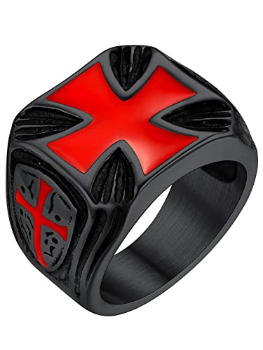 FaithHeart Mens Stainless Steel Crusader Jerusalem Cross Ring with 18K Gold Plated Two Tone Ring Size 7,8,9,10,11,12 - color: 03. Shield Cross-Black