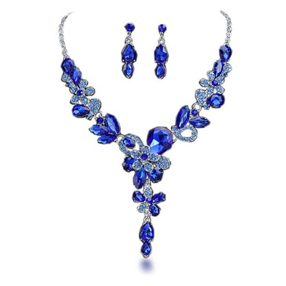 Rhinestone Crystal Bridal Necklace Floarl Art Deco Teardrop Collar Necklace Dangle Earrings Jewelry Set for Women - color: Royal Blue