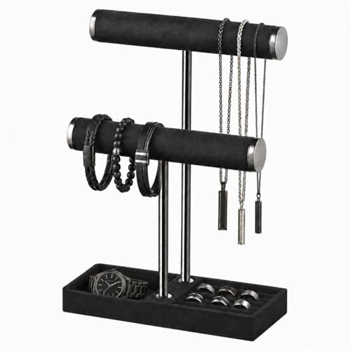 bussdis 2 Tier Bracelet Holder Display, Necklace Holder Organizer, Black | Velvet Necklace Holder | Jewelry Tree | Jewelry Towers | Jewelry Stand Organizer for Necklaces, Bracelets, Earrings, Rings - color: Black