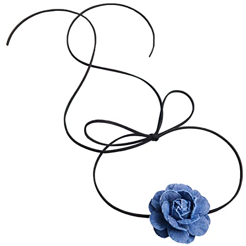 Black Choker Camellia Flower Lace-up Necklace For Women - color: Denim flower