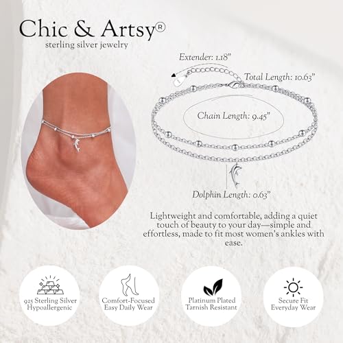 CHIC & ARTSY 925 Sterling Silver Ankle Bracelets for Women, Adjustable Layered Foot Chains with Nature & Symbol Charms, Lightweight Comfort Fit Boho Beach Everyday Jewelry - color: Dolphin/silver