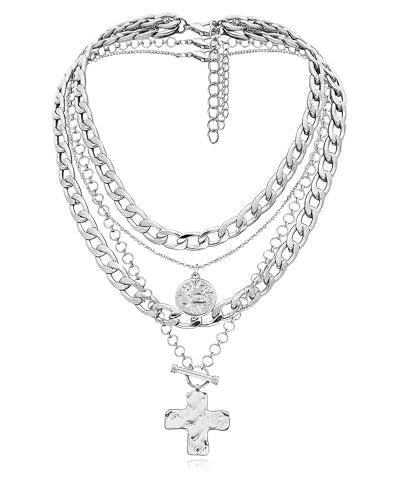 MJartoria Layered Necklaces for Women Trendy Retro Coin and Cross Pendant Necklace Dainty Chunky Chain Necklaces for Jewelry Birthday Gifts - color: Silver