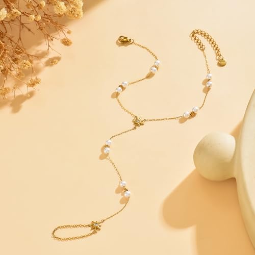 Toe Ankle Bracelets for Women Waterproof, 18K Gold Plated Pearl Anklet Dainty Layered Pearl Daisy Tassel Cubic Zirconia Star Adjustable Link Chain Anklets, Summer Beach Boho Foot Jewelry - style: Y-Pearl Star Anklet