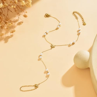 Toe Ankle Bracelets for Women Waterproof, 18K Gold Plated Pearl Anklet Dainty Layered Pearl Daisy Tassel Cubic Zirconia Star Adjustable Link Chain Anklets, Summer Beach Boho Foot Jewelry - style: Y-Pearl Star Anklet