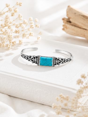 Native American Genuine Turquoise Cuff Bracelet for Women, 925 Sterling Silver Turquoise Boho Bangle, Adjustable Open Cuff Fits 6-7.5 Inches - style: Rectangle Turquoise