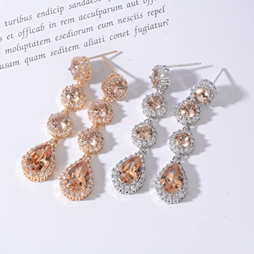 Women's Cubic Zirconia Bridal Earrings - Elegant Long Wedding Party Prom Earring for Bride Bridesmaids Crystal CZ Rhinestone Chandelier Statement Dangle Drop Earrings for girls - color: Champagne-gold