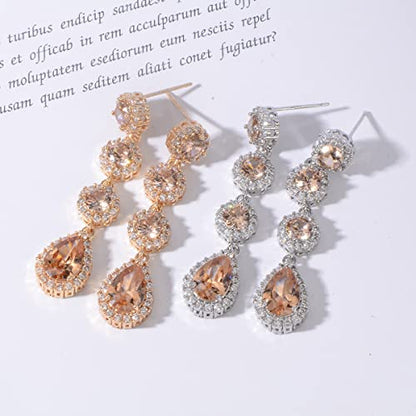Women's Cubic Zirconia Bridal Earrings - Elegant Long Wedding Party Prom Earring for Bride Bridesmaids Crystal CZ Rhinestone Chandelier Statement Dangle Drop Earrings for girls - color: Champagne-gold
