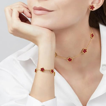 Gold Necklaces Bracelets Earring Set - 18K Gold Plated Flower Bracelet Chain,Stainless Steel Non Tarnish Floral Pendant Stud Jewelry Sets,Christmas Birthday Lucky Gift for Mom Wife Daughter Girlfriend - color: Red