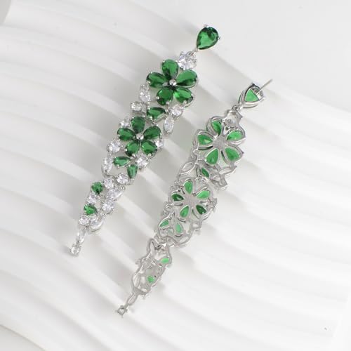 CZ Bridal Earrings for Wedding - 14k Plated Sterling Silver Elegant Teardrop Cubic Zirconia Crystal Rhinestone Floarl Leaf Cluster Chandelier Statement Dangle Drop Earrings for Bride Bridesmaids Party - color: Green Flower - Silver