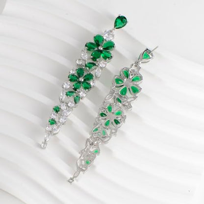 CZ Bridal Earrings for Wedding - 14k Plated Sterling Silver Elegant Teardrop Cubic Zirconia Crystal Rhinestone Floarl Leaf Cluster Chandelier Statement Dangle Drop Earrings for Bride Bridesmaids Party - color: Green Flower - Silver