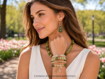 3Pcs Boho Jewelry Set for Women Necklace Earrings Bracelet | Acrylic Beaded Necklace | Floral Enamel Earrings | Layered Bracelet | Coordinated Trio | Green Boho Style | Gift for Women