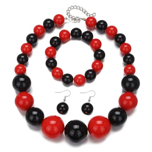 Colorful Round Beaded Earrings Neacklace Set Retro Imitation Pearls Beaded Bracelet Geometric Acrylic Beads Dangle Earrings 70s 80s Exaggerated Necklace Bracelet Jewelry - color: Black&Red