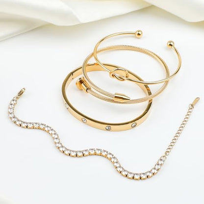 Bracelet Bangle Set, 4pcs Stackable Four Leaf Gold Bracelet Set for Wife Mom Girlfriend - color: Gold (K2)