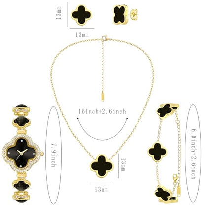 5 Pieces Lucky Clover Jewelry Set for Women Gold Jewelry Set 18K Gold Plated Flower Design Five Leaf Necklace Bracelet Ring Earrings for Women - color: Clover Black Watch