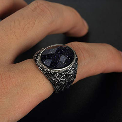 Retro Unisex Stainless Steel Oval Gemstone Hollow Flower Carved Signet Ring - color: Silver-Blue