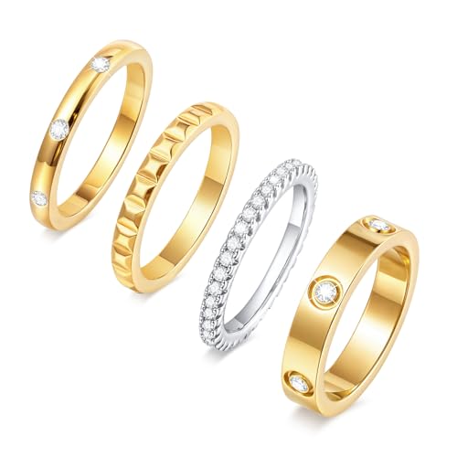 Stackable Gold Rings for Women - 18K Gold Plated Rings Set, Non Tarnish Stainless Steel Cubic Zirconia Friendship Band Stack Rings Trendy Jewelry, Christmas Birthday Party Gifts for Her Girlfriend