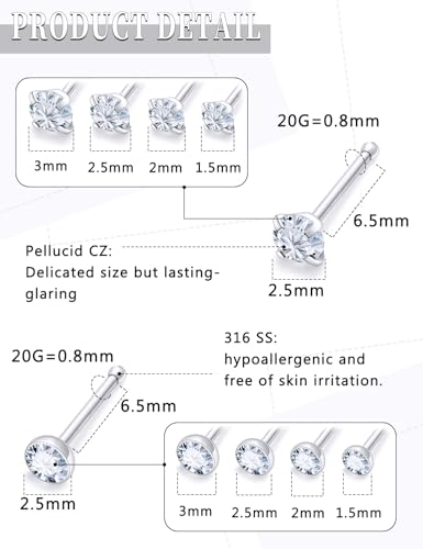 18G 20G 22G Round Cubic Zirconia Nose Rings Studs for Women Men 316L Stainless Surgical Steel Nose Ring Stud Piercing Jewelry Silver Gold Clear CZ 1.5mm 2mm 2.5mm 3mm - style: 20G Straight Silver