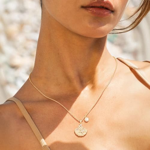 MTMY Gold Starfish Necklace 14K Gold Plated Shell Conch Ocean Pendant Necklace for Women Beach Summer Jewelry - style: pearl seashell