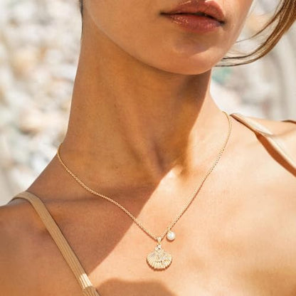 MTMY Gold Starfish Necklace 14K Gold Plated Shell Conch Ocean Pendant Necklace for Women Beach Summer Jewelry - style: pearl seashell