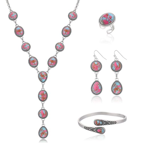 4 PCS Western Turquoise Jewelry for Women Boho Vintage Navajo Pearl Necklace Earring Bracelet Ring Set Country Cowgirl Accessories for Gift - color: R-Magenta