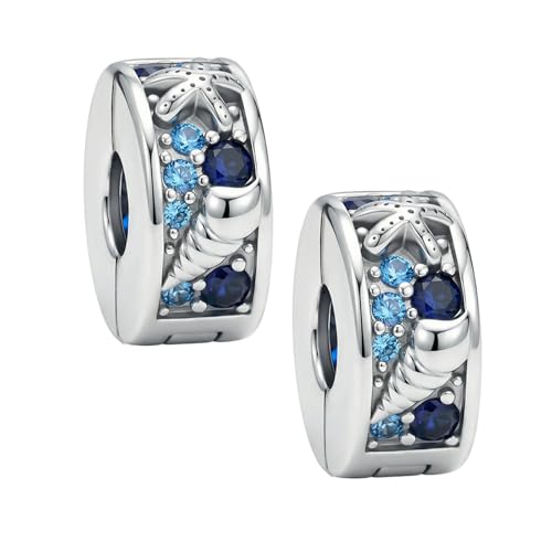 KEQ Clip Spacer Charm for Bracelet 925 Silver Pave Cubic Zirconia Clip Lock Stopper Bead Spacer For Women Bracelets Stopper Birthday Gifts European Openable Beads 2pcs - color: Tropical Starfish & Shell