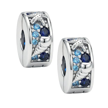 KEQ Clip Spacer Charm for Bracelet 925 Silver Pave Cubic Zirconia Clip Lock Stopper Bead Spacer For Women Bracelets Stopper Birthday Gifts European Openable Beads 2pcs - color: Tropical Starfish & Shell