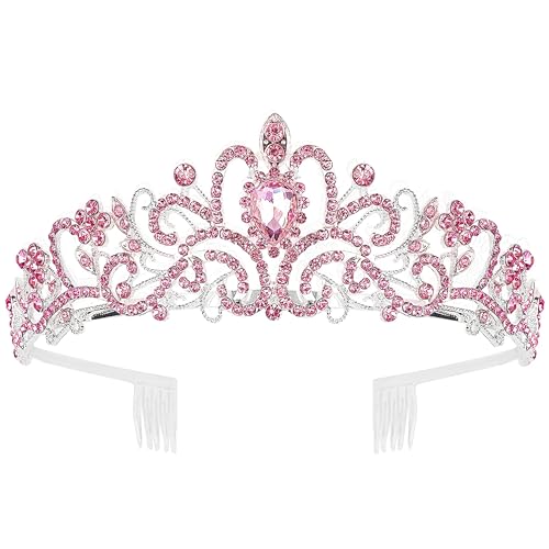 COCIDE Pink Tiara and Crowns for Girls Crystal Headband Princess Rhinestone Crown with Combs Bride Headbands Bridal Wedding Prom Birthday Party Hair Accessories Jewelry for Women and Girls (5 PINK) - color: TD Silver+Pink