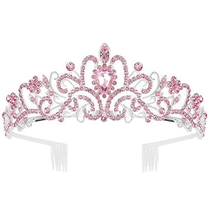 COCIDE Pink Tiara and Crowns for Girls Crystal Headband Princess Rhinestone Crown with Combs Bride Headbands Bridal Wedding Prom Birthday Party Hair Accessories Jewelry for Women and Girls (5 PINK) - color: TD Silver+Pink