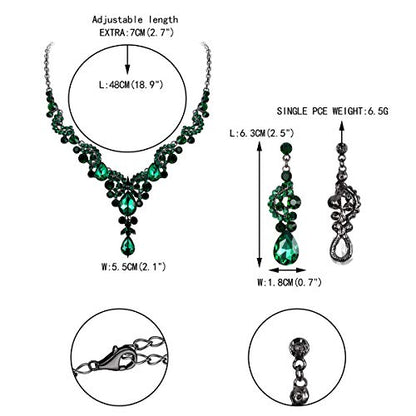 EVER FAITH Rhinestone Crystal Bridal Floral Wave Teardrop Necklace Earrings Set - color: 2pcs_Green Black-Tone