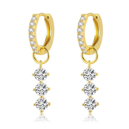 DAILY VIBES Cute Butterfly Star Cross Heart CZ Dangle Earrings for Women | 925 Sterling Silver Post, 14K Gold or Silver Plated, Mini Cubic Zirconia Dainty Drop, Cartilage Small Huggie Hoop Earrings - color: Gold Three Stones