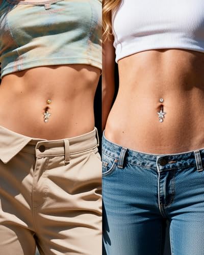 Flower Belly Button Ring 14G Dangle Navel Rings Stainless Steel Belly Button Piercing Jewelry - color: YG-10MM