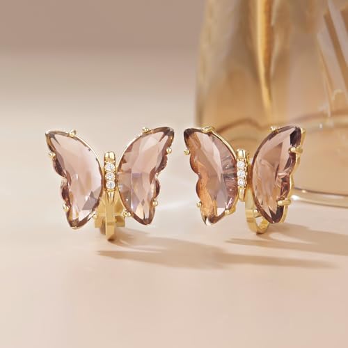YOQUCOL Butterfly Shape Crystal Clip On Earrings Non Pierced Golden Stud for Women - color: Brown