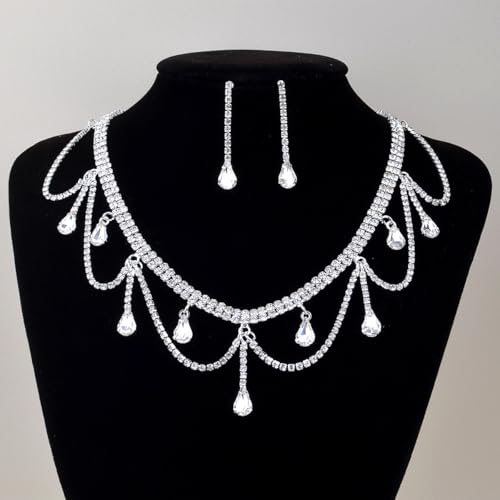 Rhinestones Necklace Earrings Set for Women Water Droplet Necklace Earrings Set Double Layer Gemstone Choker and Drop Earrings Cubic Zirconia Bridal Earrings Necklace Set Crystal Wedding Jewelry Sets - color: silver
