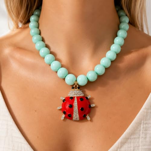 Long tiantian Large Bead Ladybug Necklace for Women Chunky Statement Necklace Red Ladybug Lucky Charm Jewelry Gift