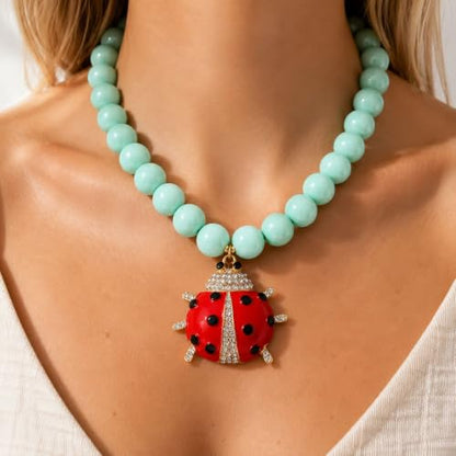 Long tiantian Large Bead Ladybug Necklace for Women Chunky Statement Necklace Red Ladybug Lucky Charm Jewelry Gift
