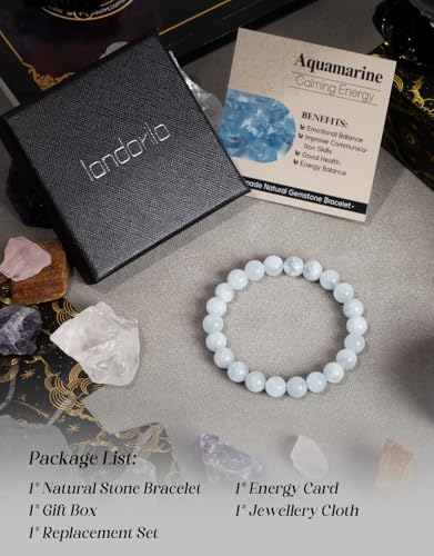 Natural Stone Beaded Bracelets for Men Women, 4mm 6mm 8mm | Healing Crystal, Protection Gemstone, Gift Packaging with Energy Card, Stretch Jewelry, Replacement Beads Included, 18 Stone - color: Aquamarine(Emotional Balance), size: 8mm