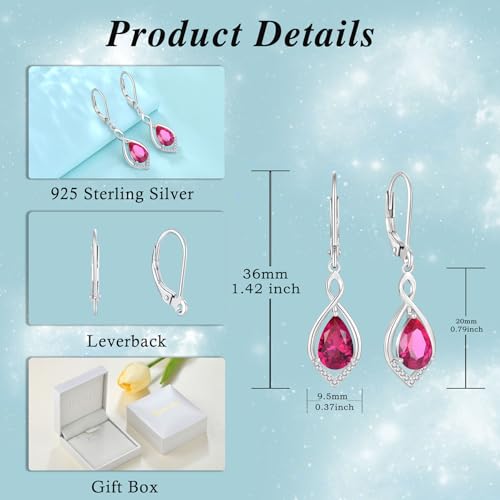 Infinity Teardrop Earrings 925 Sterling Silver Dangle Drop Leverback Earrings Birthstone Jewelry for Women - color: Red