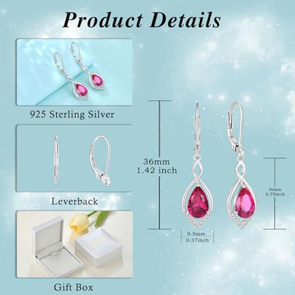 Infinity Teardrop Earrings 925 Sterling Silver Dangle Drop Leverback Earrings Birthstone Jewelry for Women - color: Red
