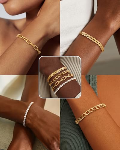 KOHOTA Chunky Gold Bracelets for Women Non Tarnish 14K Gold Plated Cuff Bracelet Stack Trendy Love Bangle Bracelets Stackable Tennis Bracelet Set Tie Knot Cuban Paperclip Figaro Chain Jewelry Gifts - color: C.Tennis bracelets