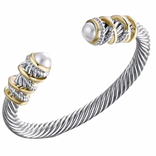 Stainless Steel Twisted Cable Wire Bracelet, Twisted Cable Bracelet with Composite Shell Pearl 6" Cuff Bracelets - color: Silver and Gold