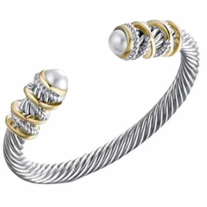 Stainless Steel Twisted Cable Wire Bracelet, Twisted Cable Bracelet with Composite Shell Pearl 6" Cuff Bracelets - color: Silver and Gold