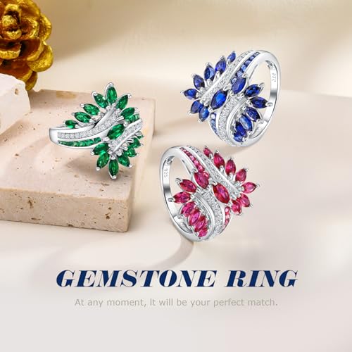 Statement Flower Ring Cocktail Leaf Ring Birthstone Anniversary Signet Ring | Hypoallergenic|14K Gold Plated|Sterling Silver Sparkling Engagement Promise Party Ring for Women, Size 6 to 10(With Box) - color: Leaf -White Gold Emerald