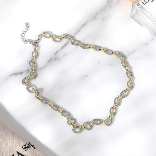 Two Tone Wire Necklace Gold and Silver Link Chain Adjustable 18K Gold Plated Twist Vintage Classic Jewelry - style: Oval - Two tone