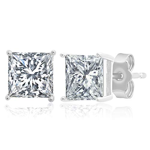 MAX + STONE Plated Sterling Silver Cubic Zirconia Stud Earrings (Round & Princess) - size: 6MM, style: Princess