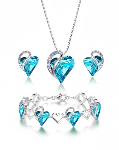 Leafael Necklace Gift Set for Women, Infinity Love Birthstone Heart Pendant with Matching Earrings and Bracelet, for Mom and Wife, Silver Plated - color: 12-Set-December-Aquamarine Blue