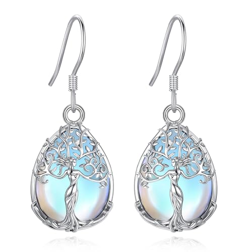 AEONSLOVE Tree of Life Crystal Earrings with Sterling Silver Ear Hooks, Dangle Drop Tree Earrings Gifts for Women - style: A01-Moonstone-Teardrop